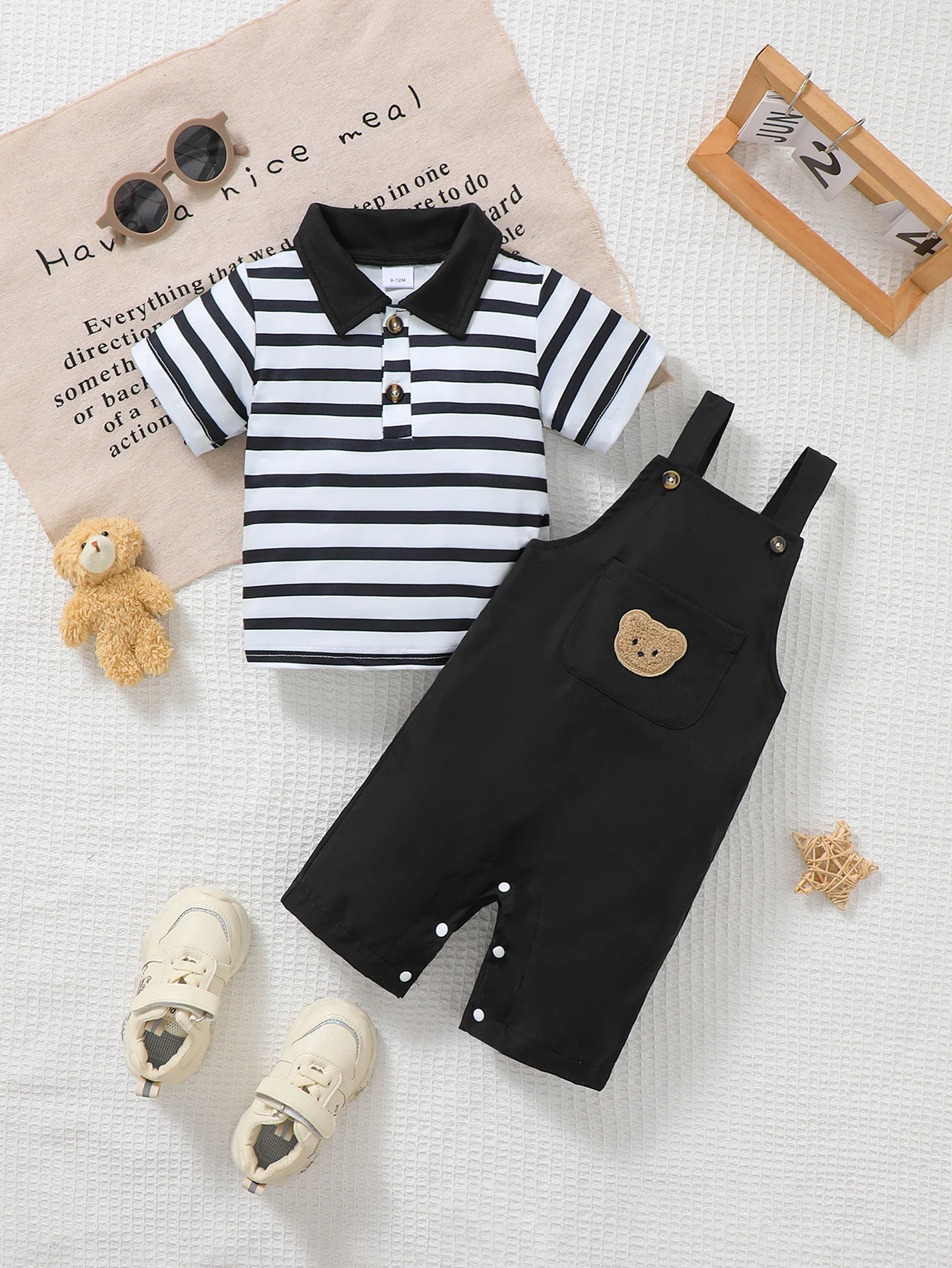 2-Piece Set Boys' Short Sleeve Overalls Suit with Polo Shirt Striped And Bear Pattern Suitable for Summer Casual Wear