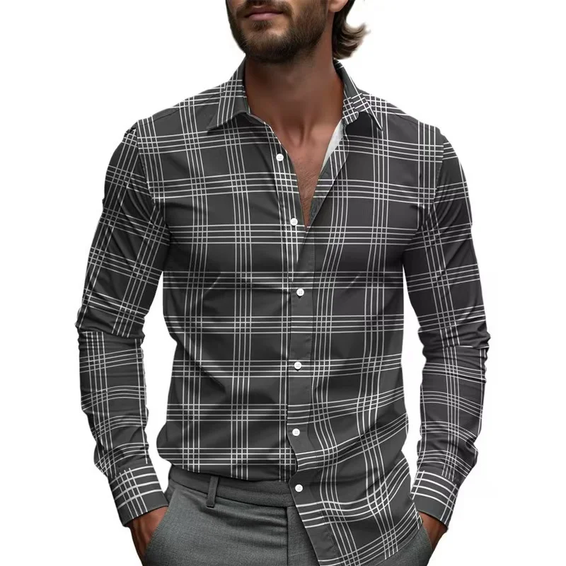 Business shirt line plaid stripes men's printed shirt four seasons single-breasted lapel long-sleeved shirt 2025 Hawaiian shirt