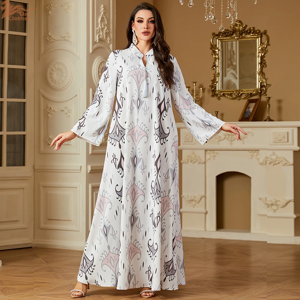 

Dubai Digital Print Party Dress Women Abaya V Neck Eid Long Dress Muslim Caftan Robe Jalabiya Ramadan Kaftan Vestido Largos 2025