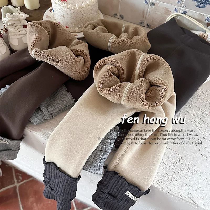 Girl Fleece-lined Thick Leggings Autumn and Winter Clothing New Western Style Baby Girl Pile Style Coaster Boneless Long Pants