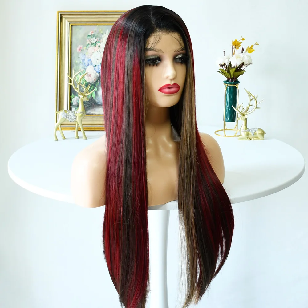 ブラックブロンドレッドウィッグ合成レースフロントウィッグストレートウィッグレッドウィッグ事前摘み取られた自然な生え際のグルーレス耐熱女性用