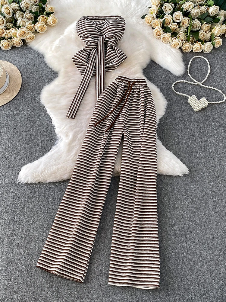 

Сексуальный короткий стиль Pure Desire неправильной формы с подушкой на груди, завязанные в полоску, поясной жилет без бретелек + комплект длинных брюк