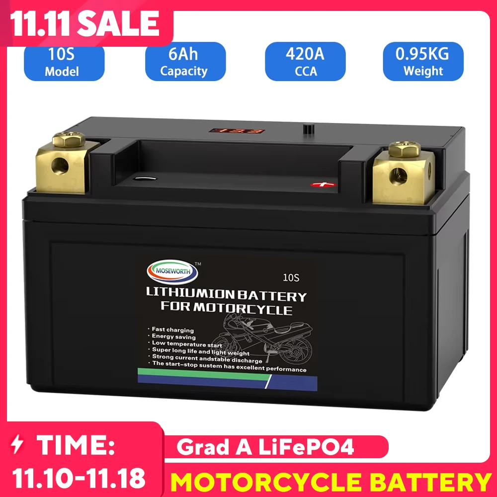 10S LiFePO4 Motorcycle Scooter Battery Lithium Iron Phosphate Start Battery 12V 6AH 420 CCA Built in BMS Deep Cycle for ATV UTV