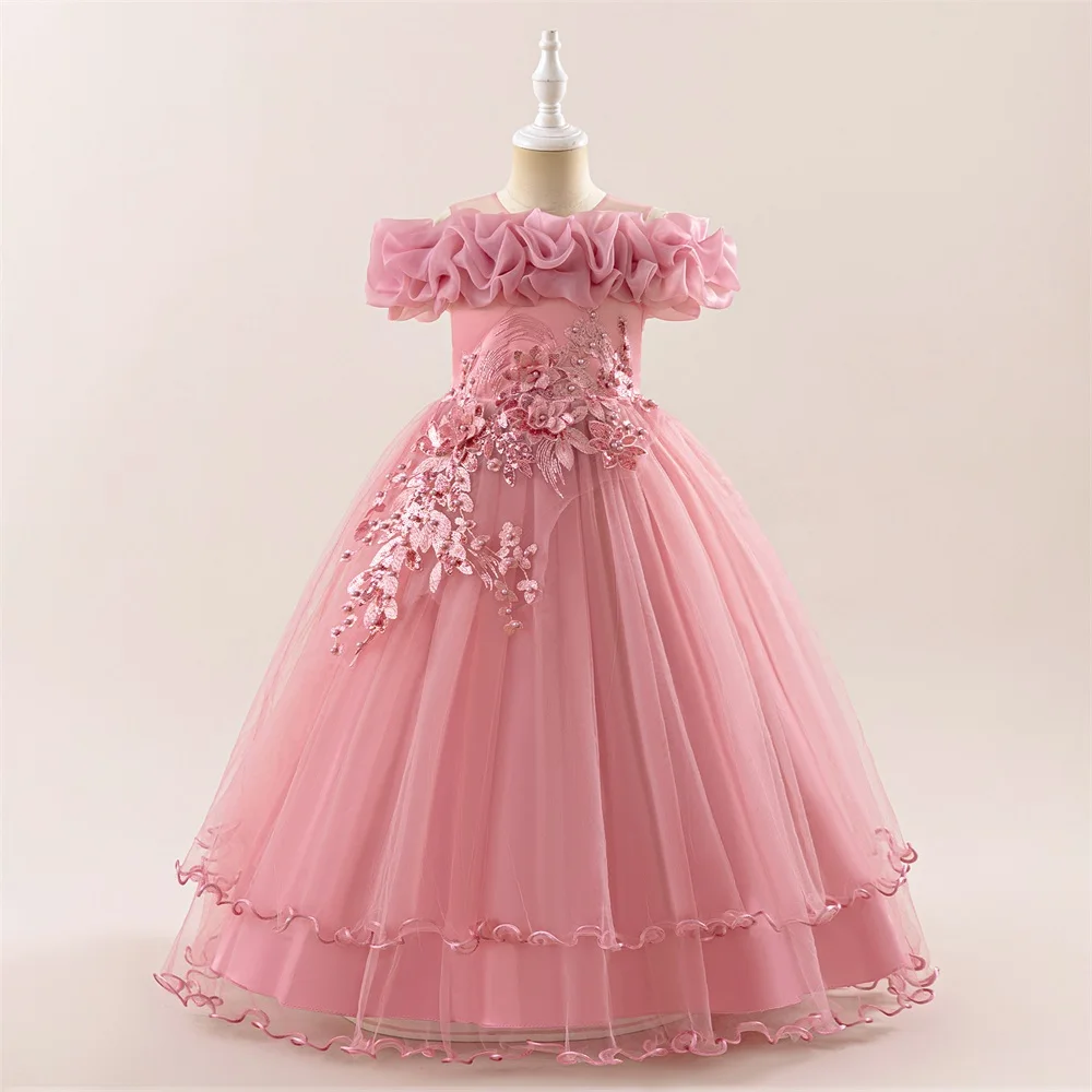 Girls Fluffy Flower Party Tutu Dress For Evening Kids Wedding Bridesmaid Prom Gown Teen Girl Pink Lace Clothes Children Costumes