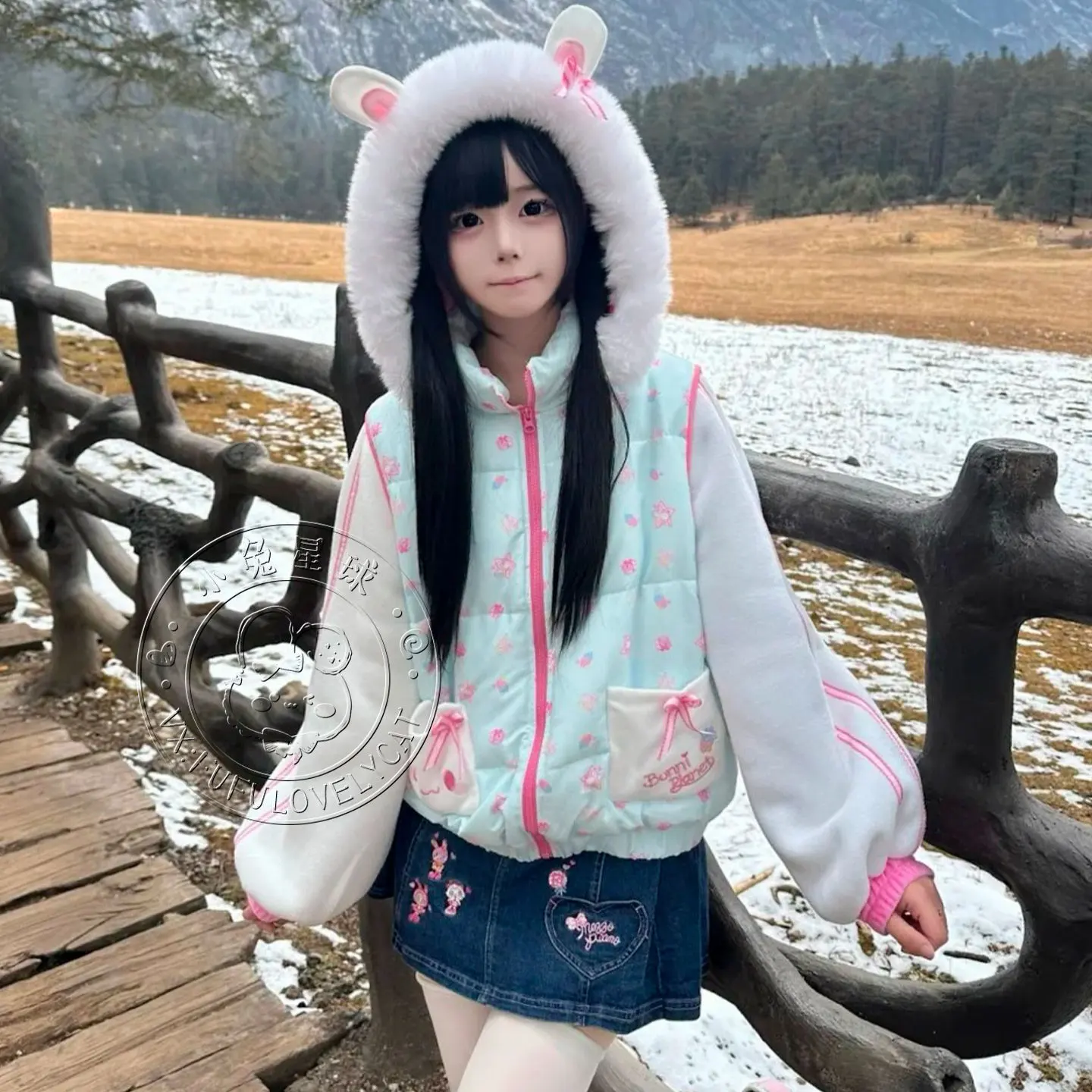 

Japanese Soft Girl Kawaii Rabbit Ears Plush Hooded Short Parka Winter New Women's Thickened Warm Detachable Sleeves Down Parka