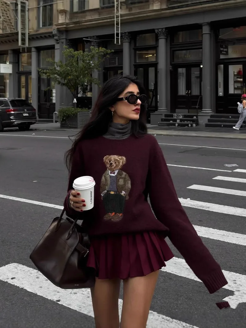 

New autumn and winter RL bear cashmere round neck knitted long sleeved fashionable wool embroidered bear cartoon sweater