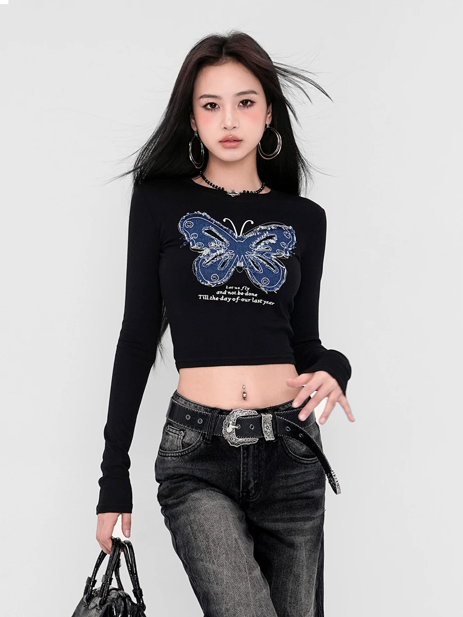 American Style Spicy Girl Long Sleeve Round Neck T-shirt Women's Embroidered Slim Naked Tight High Waist Short Top IPV3