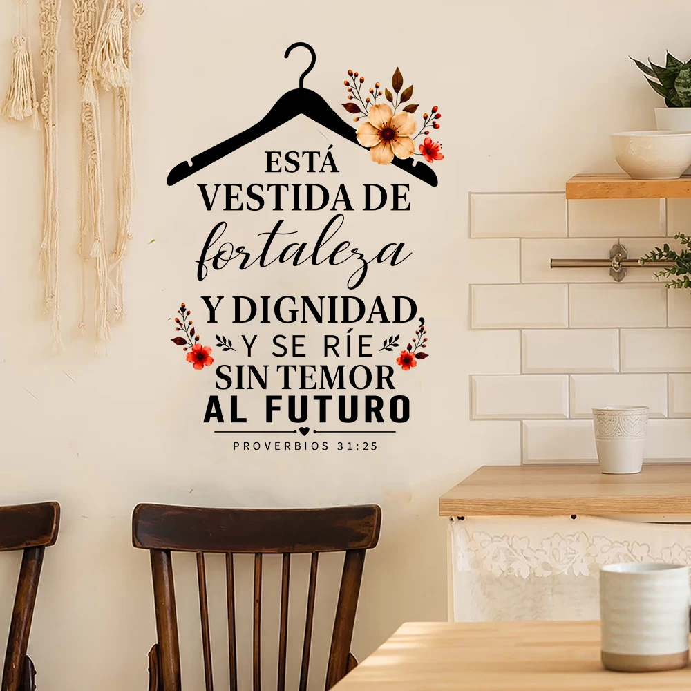 Spanish Bible Verse Floral Clothes Hanger Wall Decals Proverbios Christian Scripture Wall Stickers for Bedroom Walk-in Closet
