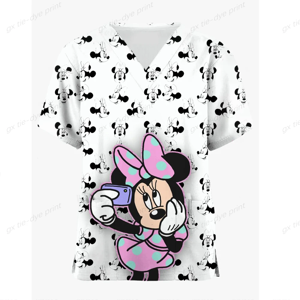 Hospital Staff Nurse Uniform Women's Stitch Mickey Mouse Print Casual Short Sleeve V Neck Paramedic Tops Medical Uniform Supplie