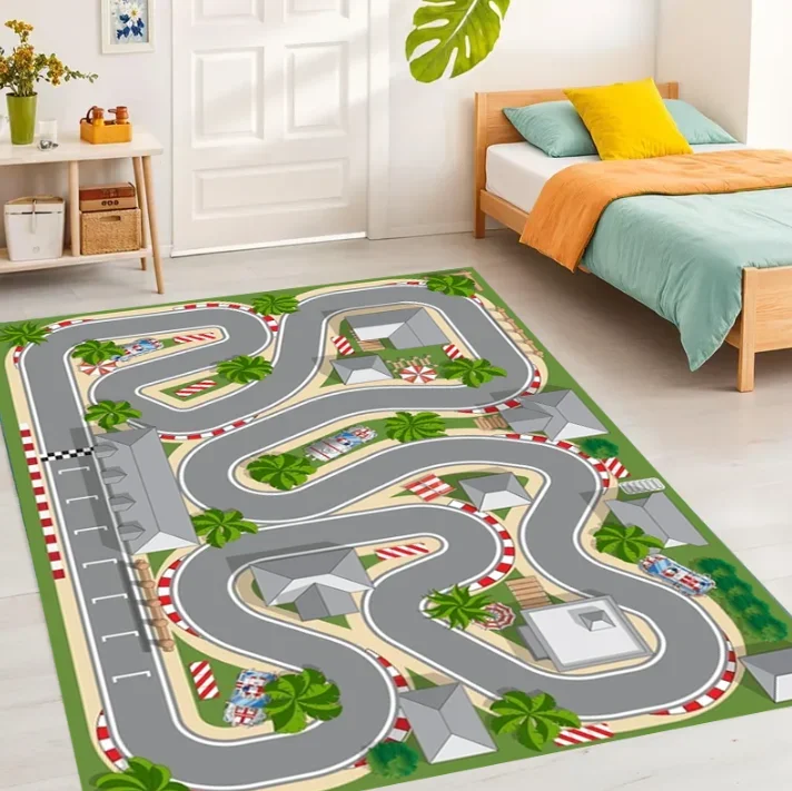 Tapete infantil lavável com design de pista de corrida, tapete divertido para meninos e meninas, tapete retangular com tema de carro, ideal para salas de jogos