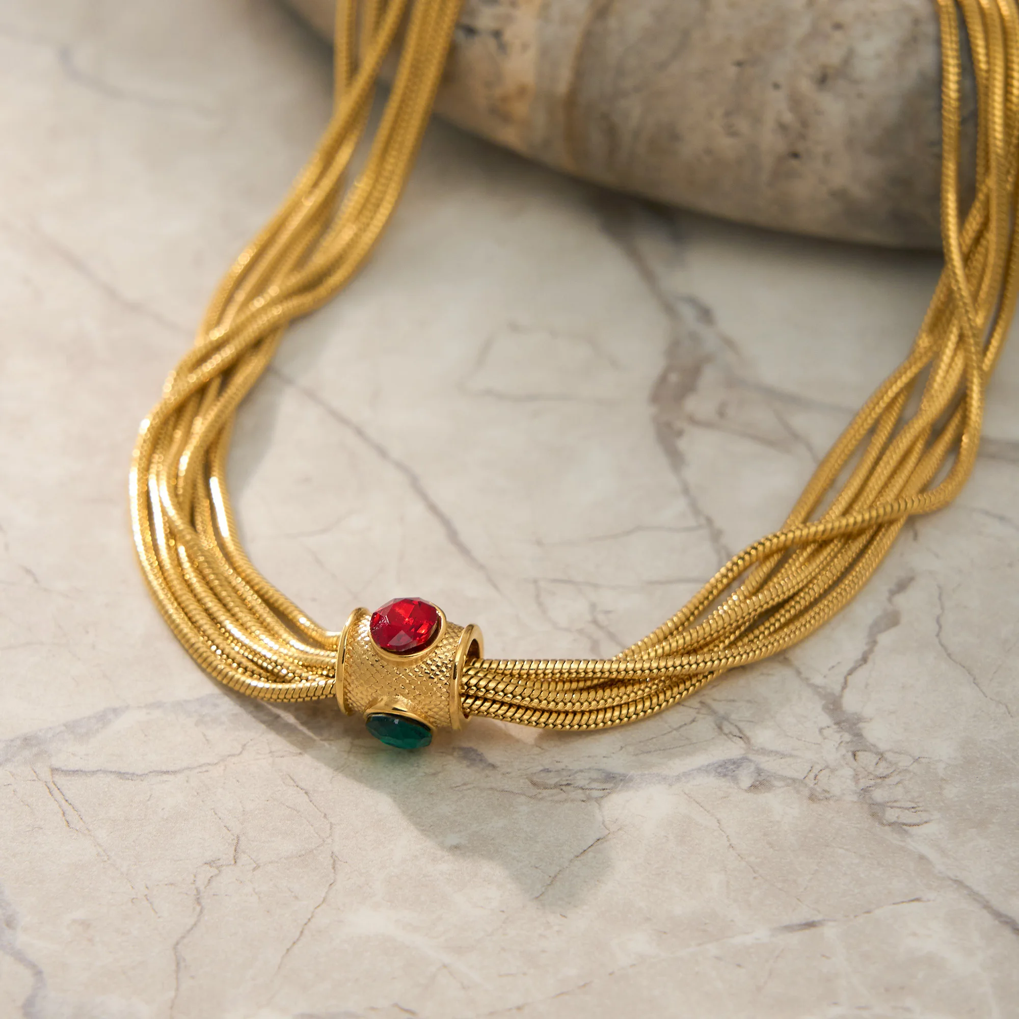 DASEIN Vintage Multi Layered Red Blue Green Zircon Dice Design Necklace 18k Gold Plated Stainless Steel Luxury Banquet Jewelry