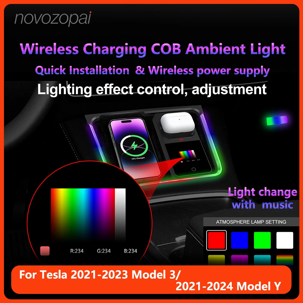 Novazopai Tesla Wireless Charging COB Ambient Light No Disassembly For Tesla 2021-2023 Model 3 & 2021-2024 Model Y