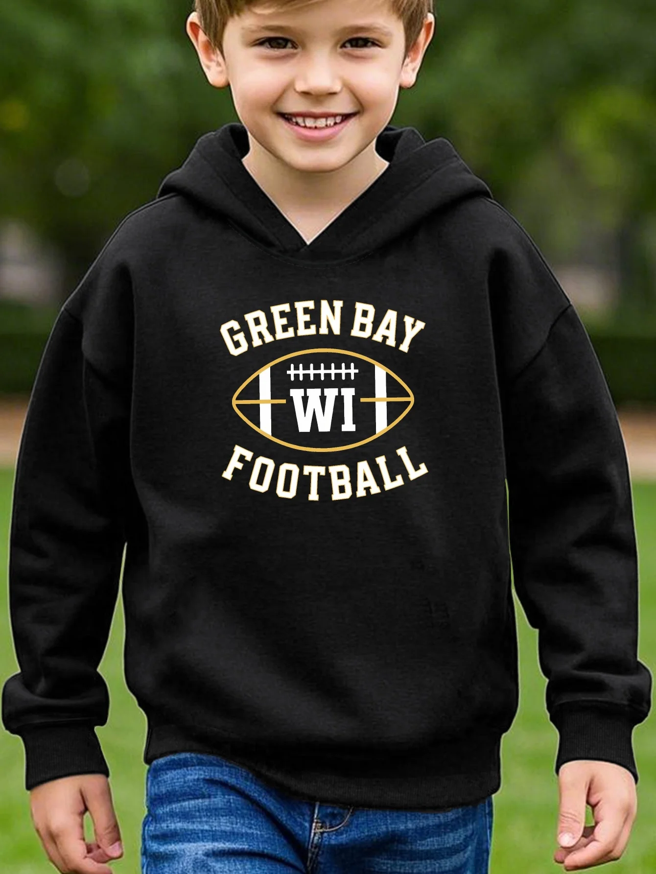 

Green Bay Football Design Children's Hoodie, Grey with Yellow and White Football Logo, Autumn/Winter Collection