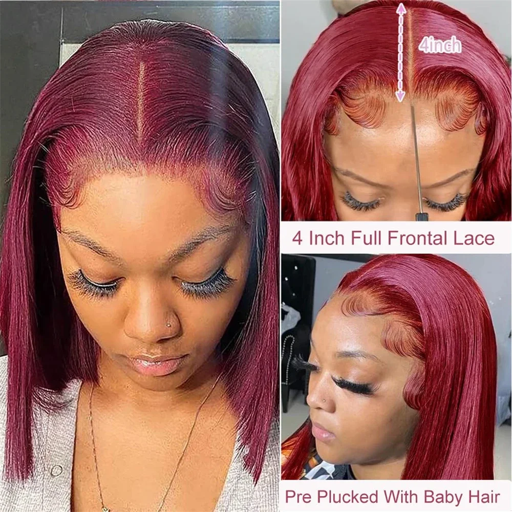 99J Bob Perücke aus Echthaar, burgunderrot, glatt, Lace-Front-Perücke, 13x4 HD transparente Lace-Frontal-Perücken, Bob, vorgezupft, Remy-Haar für Damen