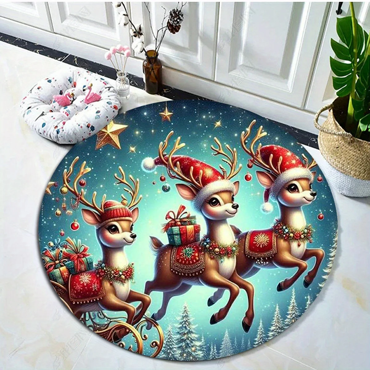 Christmas Reindeer Round Rug, Soft  Non-Slip Mat, Anti-Wrinkle Holiday Carpet for Living Room, Bedroom, Festive Decor