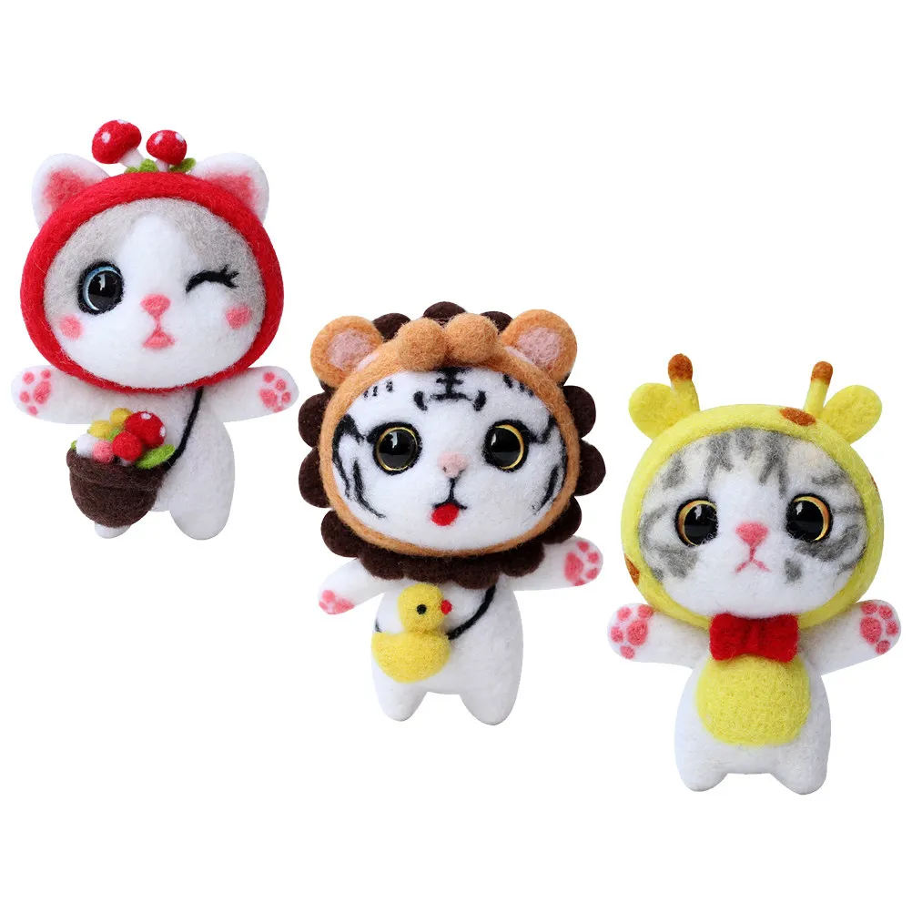 3セットニードルフェルトキット-ウールフェルト漫画動物クラフトツール-初心者向けパンチ刺繍セット-diyウールフェルト用品-家庭用