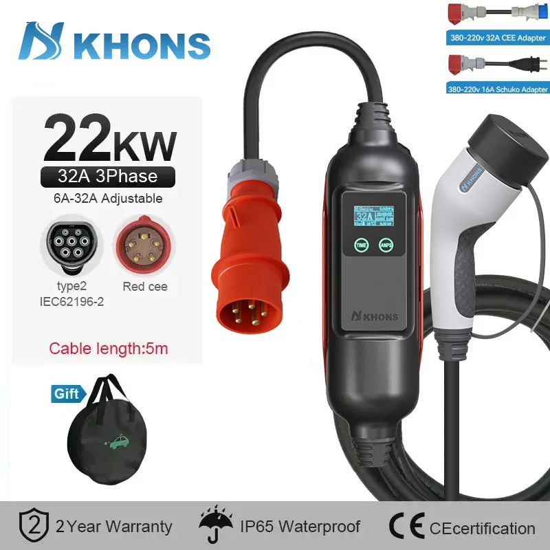 Khons 22kW EV Draagbare Lader Type 2 Elektrische Autolader Laadkabel 32A Driefasige Elektrische Autolader 5m Kabel
