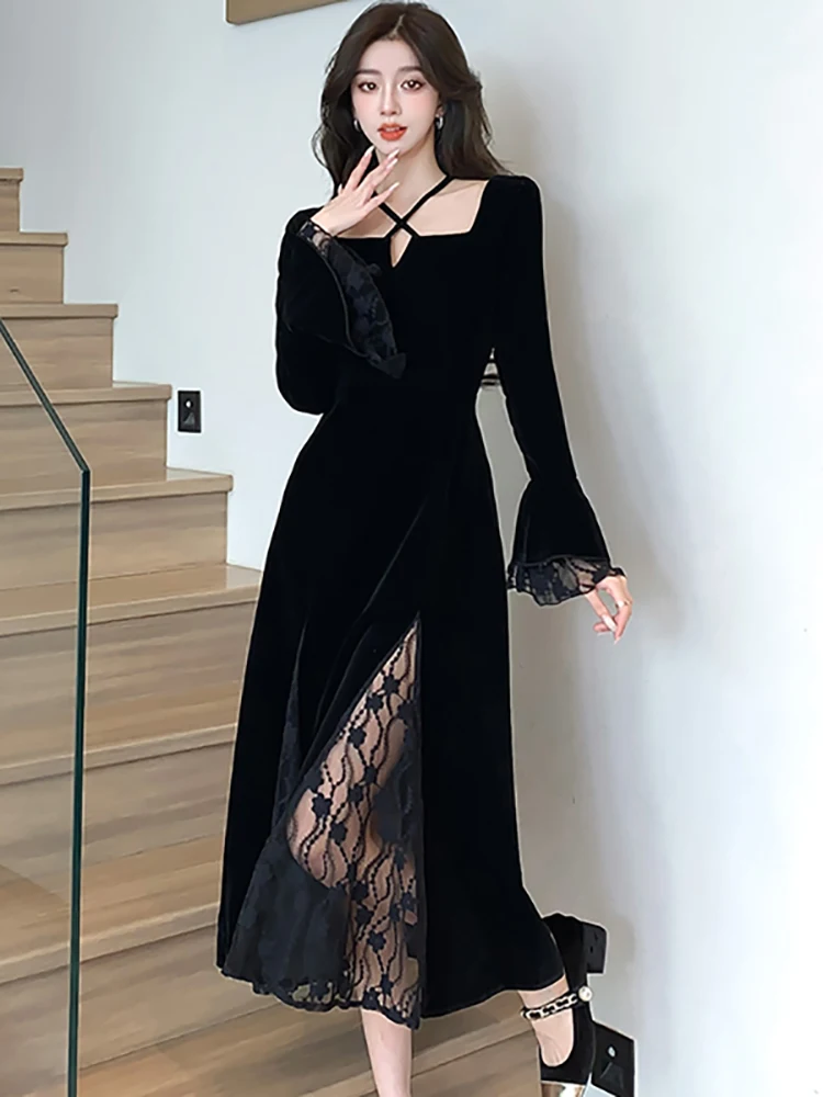 Autumn Winter Black Velvet Square Collar Sexy Dress Women Luxury Elegant Patchwork Lace Long Dress 2024 Korean Festival Dresses