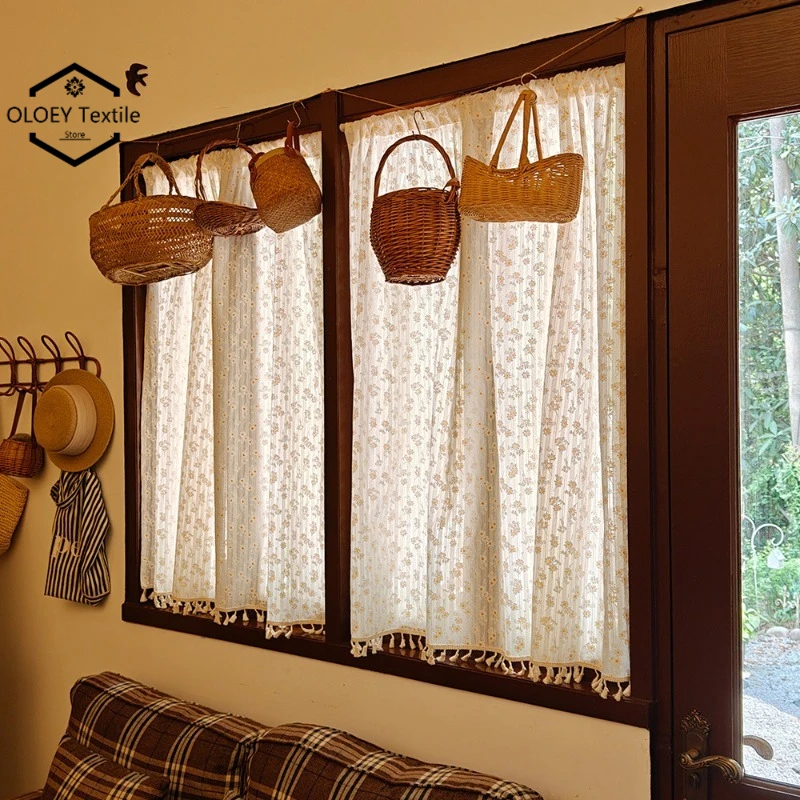 

Small Daisies Cotton Curtains for Kitchen Japanese Style Short Half Curtain with Tassels Rod Pocket Cafe Style Window Dressing