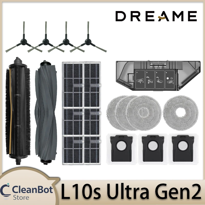 Accessoires pour aspirateur robot Qriginal Dreame L10s Ultra Gen2 : brosse principale, brosse latérale, filtre HEPA, chiffons de nettoyage, sac à poussière