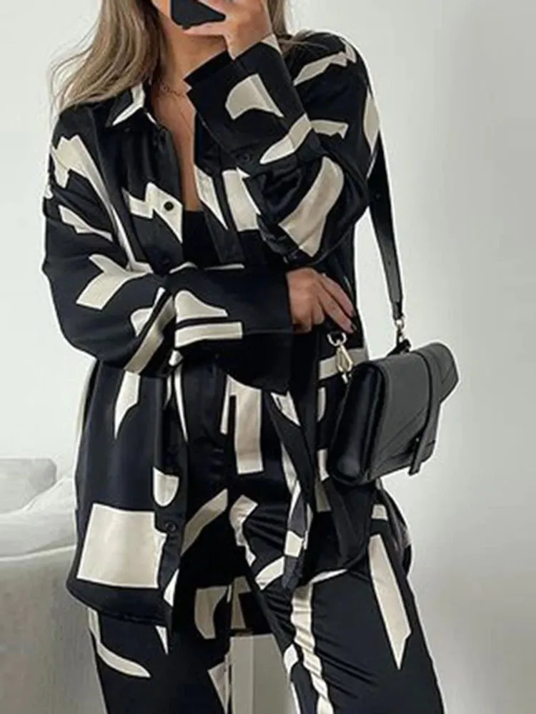 Black White Print Pants Sets Women Fashion Long Sleeve Shirts Wide Legs Trousers Two Piece Set Autumn New Lady Suits Streetwear