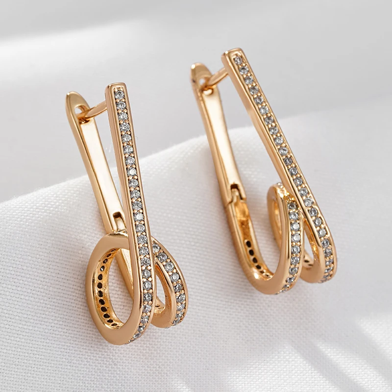 Wbmqda Geometric Long Drop Earrings For Women 585 Rose Gold Color With White Natural Zircon High Quality Daily Fine Jewelry