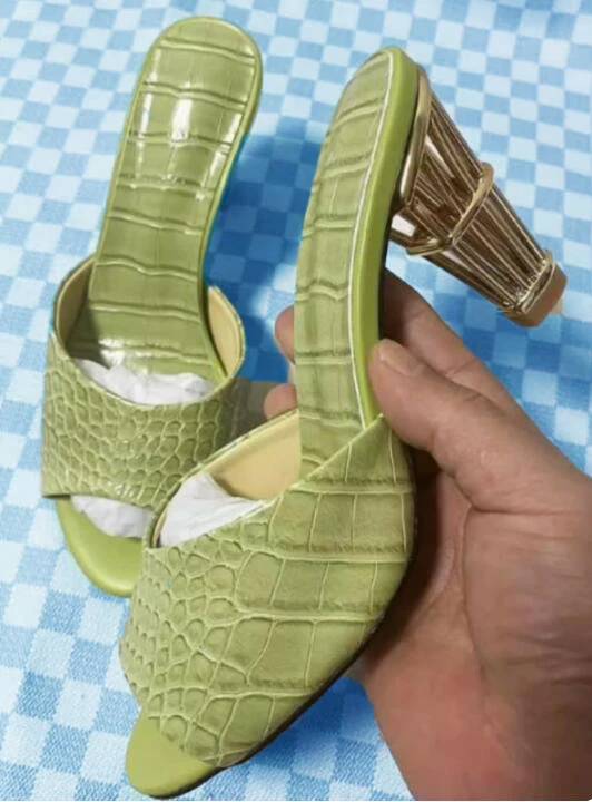 Green Python Leather Metal Cage Chunky Heels Slipper Sandals Peep Toe Thin Straps Fretwork High Heeled Slingbacks Shoes