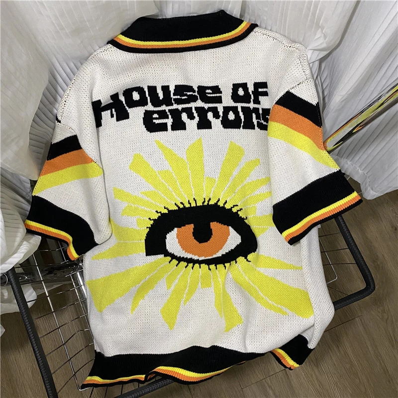 American Streetwear HOUSE OF ERROR Football Suit Style Eye Truth Contrast Color Jacquard Polo Collar White Short Sleeved Sweater