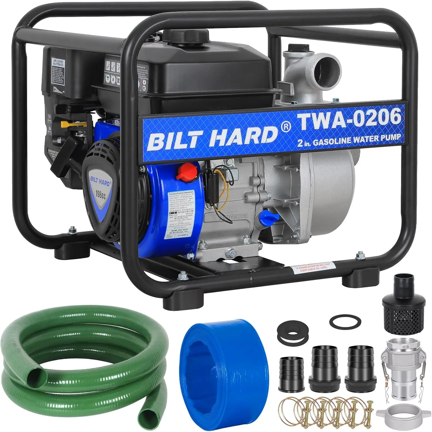 BILT HARD Semi Trash Pump 2 inch, 158 GPM 6.5HP Gas Powered Water Pump, 196cc 4-Cycle Engine with 50 ft Discharge Hose, 12 ft