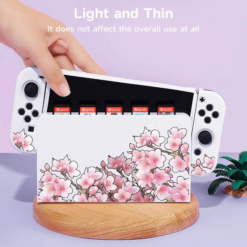 2 Pcs Peach Blossom Powder  Theme Pattern Protective Case with Base Cover Set for Switch OLED/Switch NS, Can Store 5 Game Cards