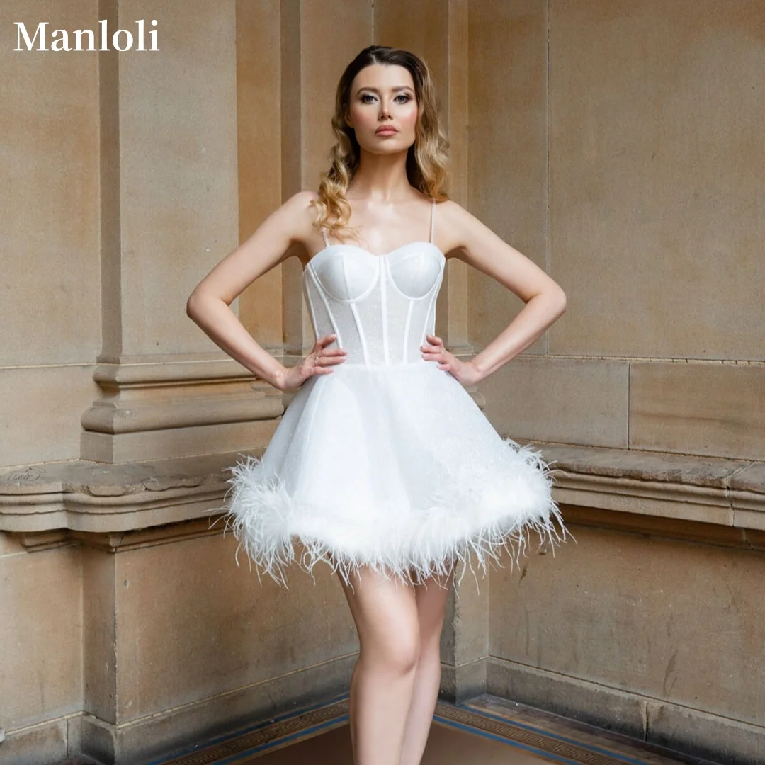 Minivestido elegante de plumas blancas con tirantes finos, corsé ajustado, vestido de novia con parte inferior esponjosa, vestido de noche de fiesta brillante personalizado