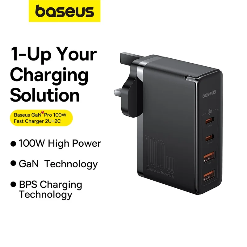 Baseus GaN5 Pro Fast Charger 2C+2U 100W UK Cluster With Mini White Cable