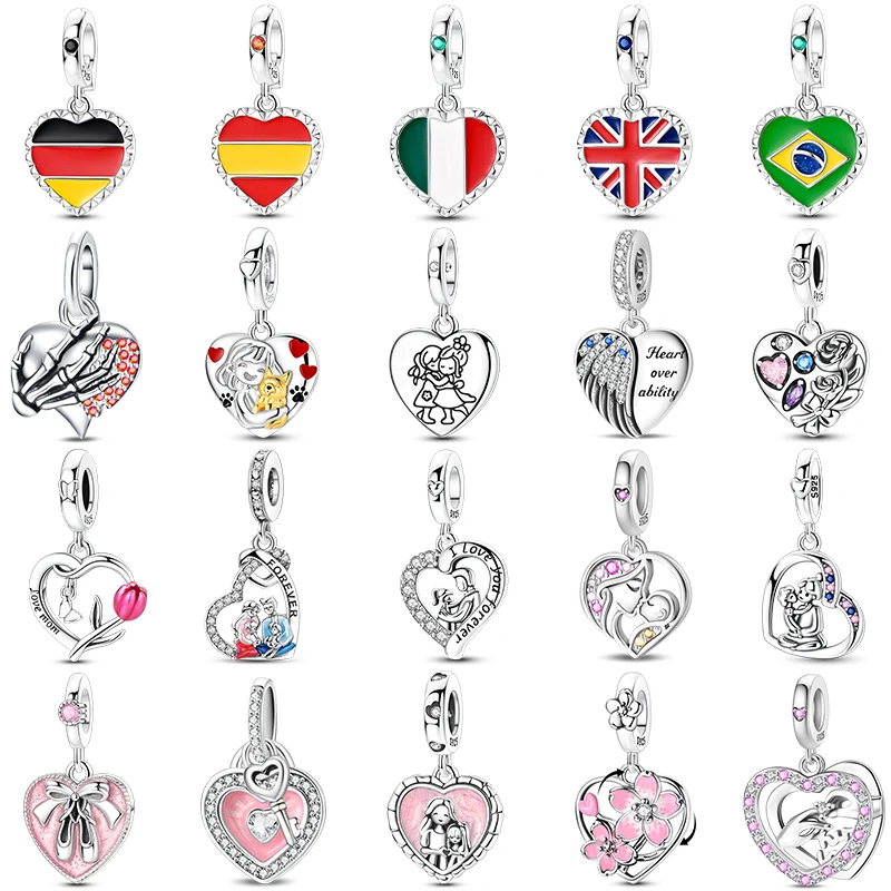 925 Sterling Silver I Love My Country Heart Sisters Family Time Charms Pendants For Women Fit Original Bracelet DIY Jewelry Gift