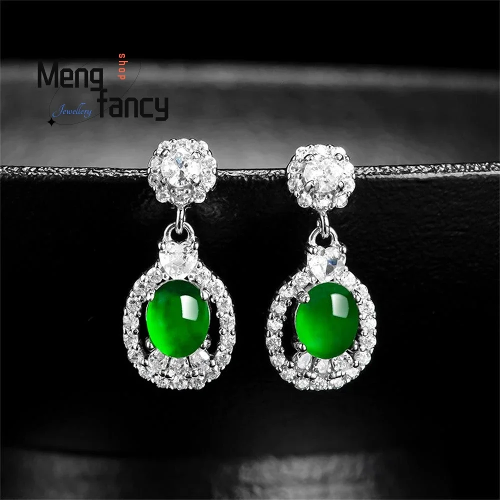 

Natural A-goods Jadeite Yang Green Egg Surface Ice Jade S925 Silver Inlaid Women's High-grade Earrings Luxury Quality Jewelry