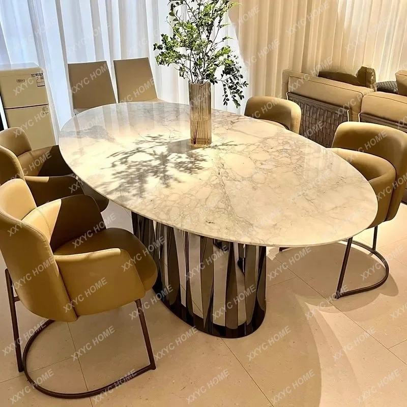 A Natural large flower white luxury stone dining table Modern simple Italian minimalist oval high-end dining table