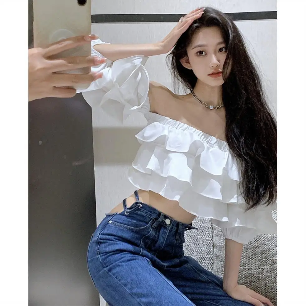 Crop Top Ulzzang Clothing Store Online Korean Off Shoulder Fashion Woman  Blouse Stacked Ruffles Crop Top