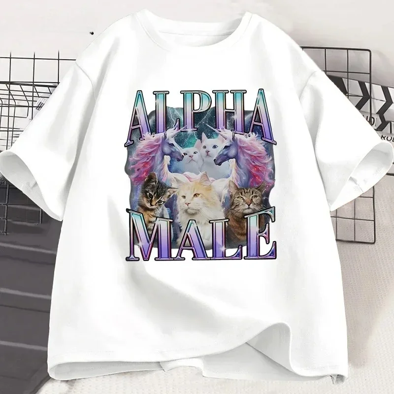 Alpha Unicorn Cat T-Shirt Women's Sarcastic 90s Retro Funny Rainbow Meme Weird Cat Casual Clothing Top Aesthetic Clothes
