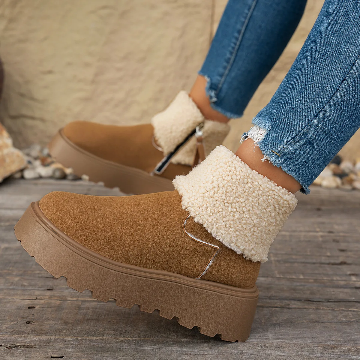 

Thick Bottom Warm Fleece Lined Women's Snow Boots Winter New Style Retro Birkenshoes Cotton Shoes round Toe Casual Rubber Sole