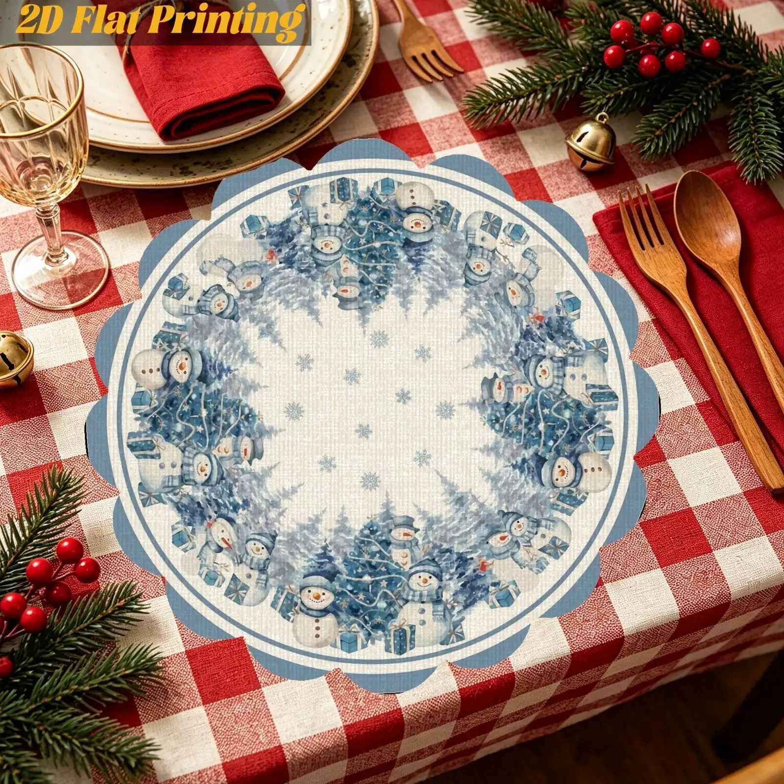 6PCS Icy Snow Town Scalloped Lace Placemat | Holiday Party Setting,Lawn Picnic,Neighbor Visiting Gift,2D Flat Print | Thanksgiving & Christmas Gifts