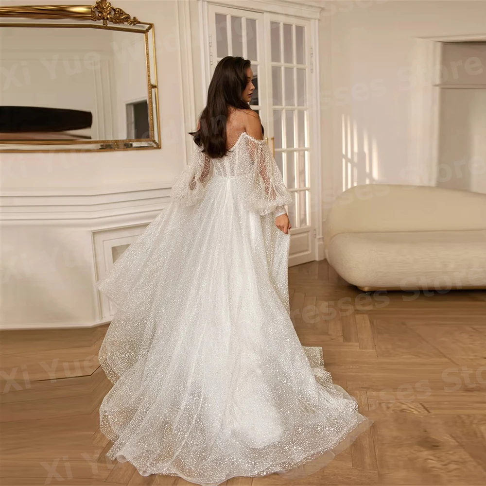 2026 Sparkling A Line Women's Off Shoulder Wedding Dresses Vestido De Novia Puff Sleeve Bride Gowns Customized Robe De Mariée
