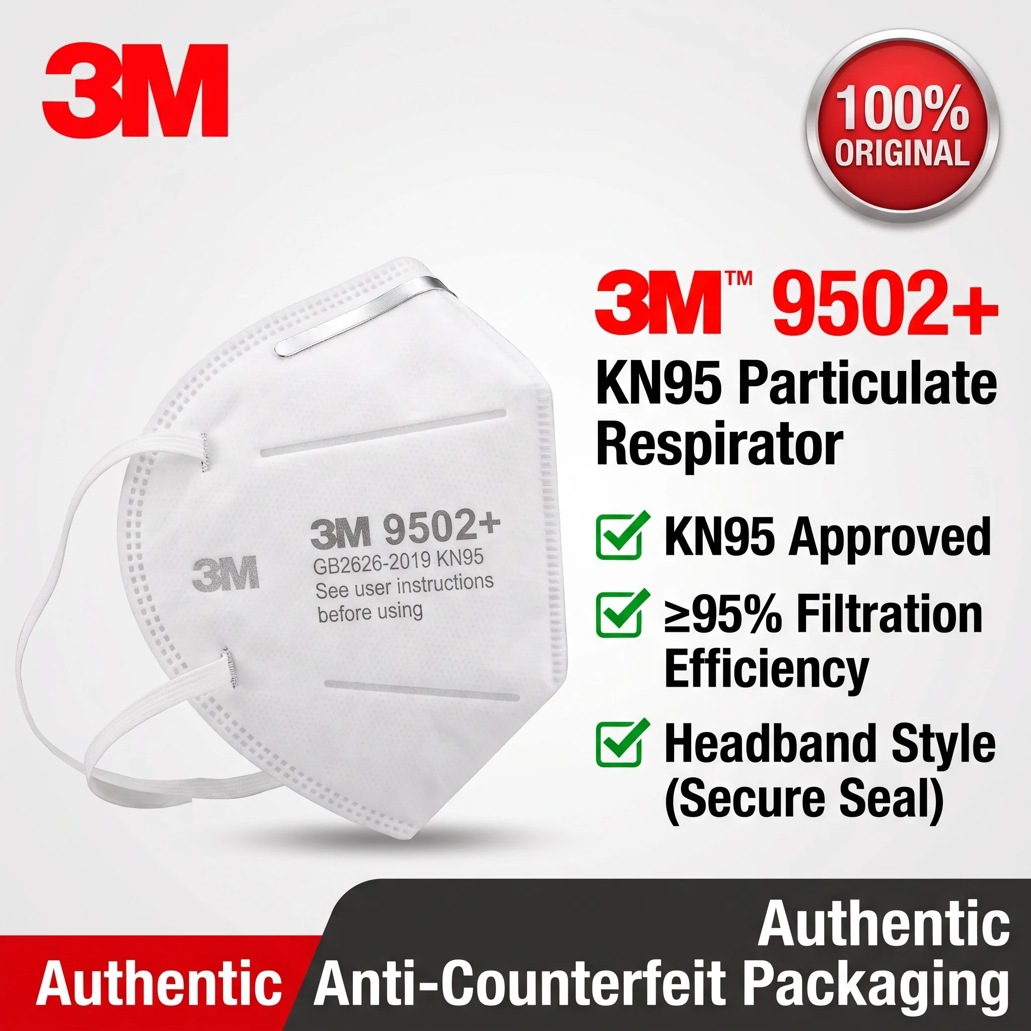 3M 9502+ Headband Dust Respirator KN95 Anti Particle Safety Protection Reusable Breathable Filter Work Dustproof Mask
