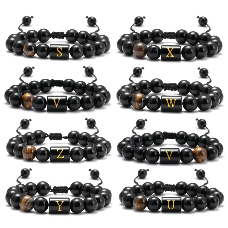 Gelang inisial 10mm untuk pria wanita tautan huruf buatan tangan manik-manik batu mata Onyx hitam alami kepang tali bermakna