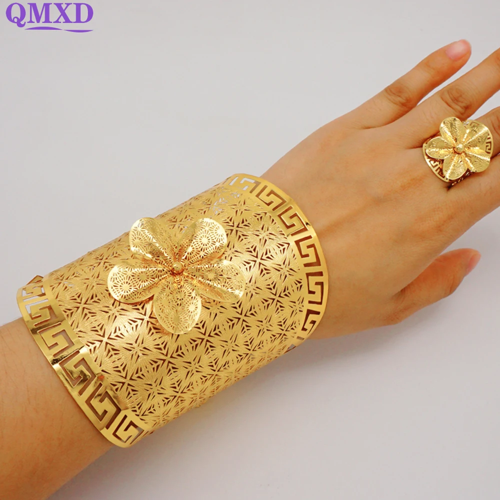 Indian Dubai Gold Color Adjustable Chain Bangle & Ring For Women Bride Nigerian Wedding Party Bracelet Jewelry Gifts