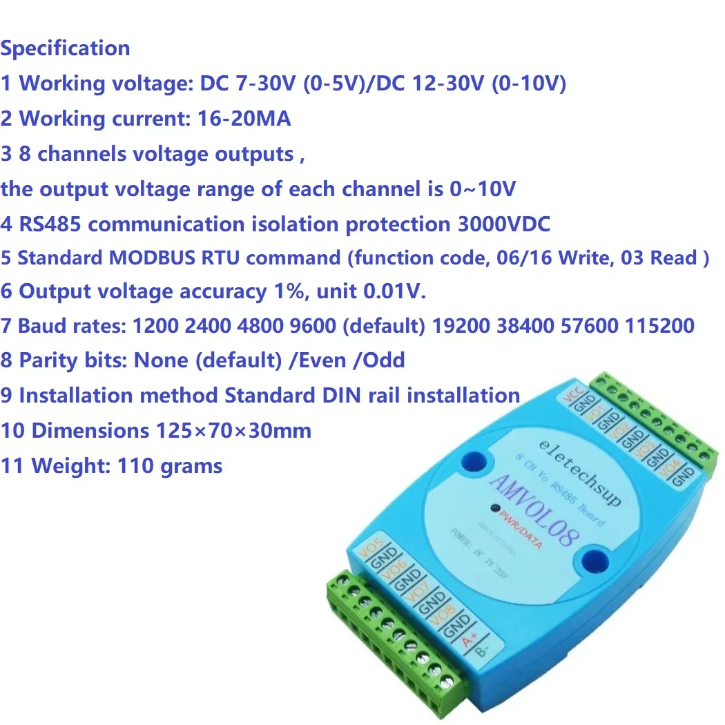 

Текстовый редактор Modbus Rtu HMI PLC Аналоговый 8VO RS485 до 0-10 В/0-5 В Выходное напряжение ЦАП Плата расширения ввода-вывода