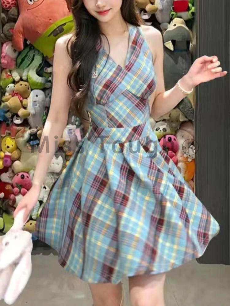 Winter Korean College Style Sweet 2 Piece Set Soft Knit Cardigan + Retro Plaid Dress New Fashion Vintage Party Dress Outfit 2024