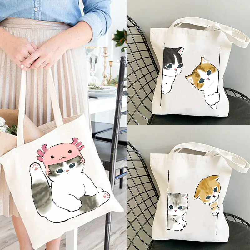 Cute Cat Bags Large Capacity Harajuku Cartoon Vintage Hip Hop Shopping Bag Canvas Bag Funny Women's Shoulder Bags Kawaii Girls