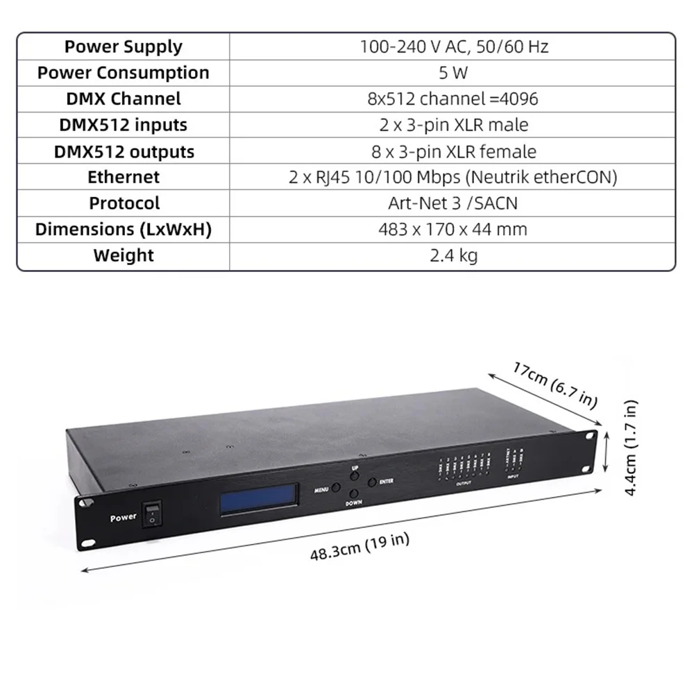 8-Way DMX Splitter with 3-Pin Network Multi Expander Output 8x512 Channels For Satge Dj Lighting Controller