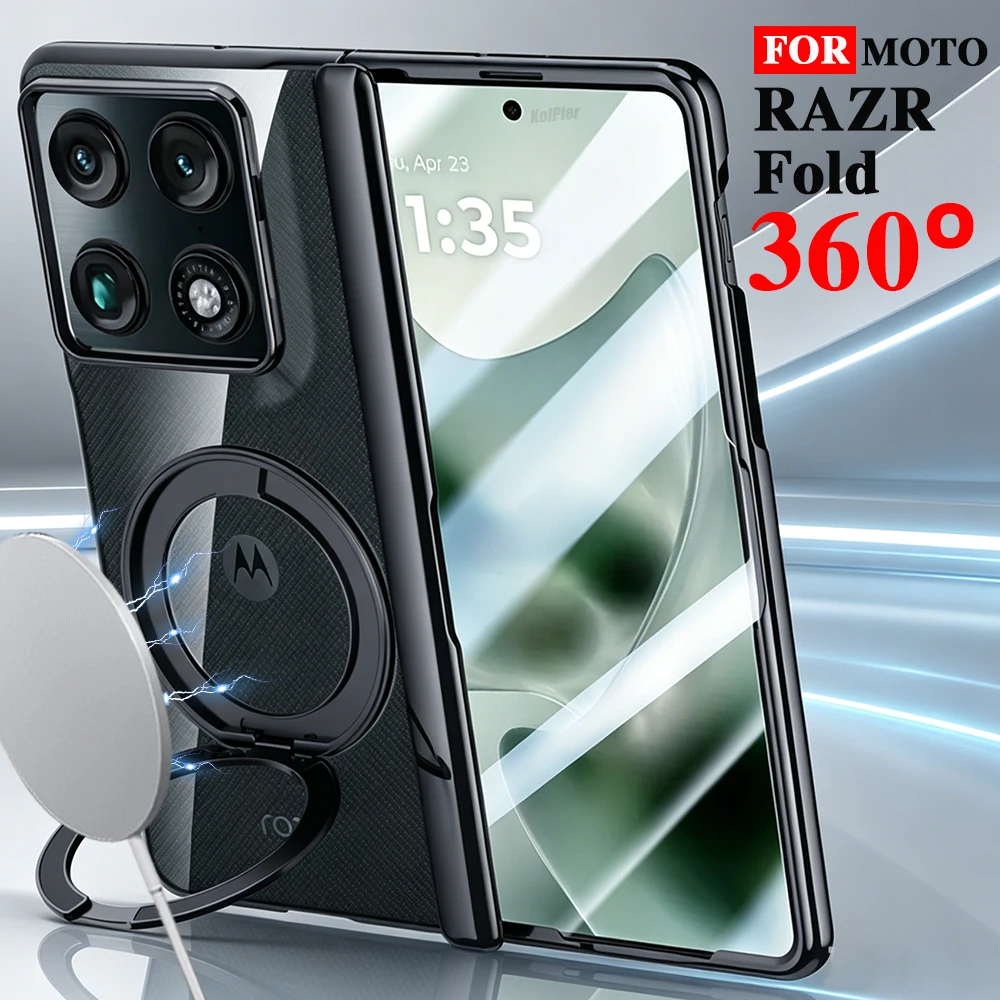 

Clear Plating Stand Cases For Motorola Razr Fold 5G Magnetic Flip Glass Srceen Protector Transparent Cover With Holder