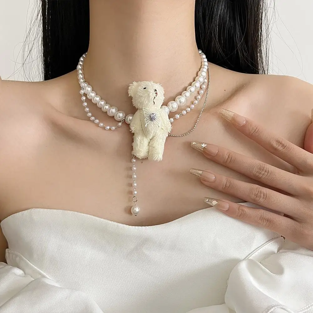 Women's 2024 New Arrival Plush Bear Pearl Pendant Necklace Trendy Choker Delicate Light Luxury Fashion Jewelry