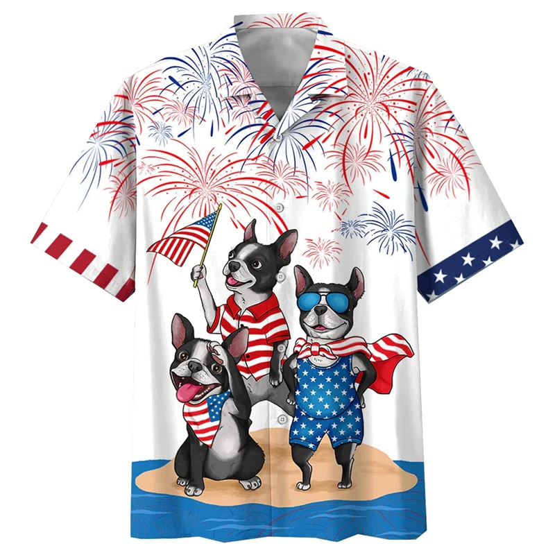 Fashion USA Flag 3D Printed Shirts For Men Clothing Funny Animal Dog Graphic Short Sleeve Hawaiian Beach Shirts Vacation Y2k Top